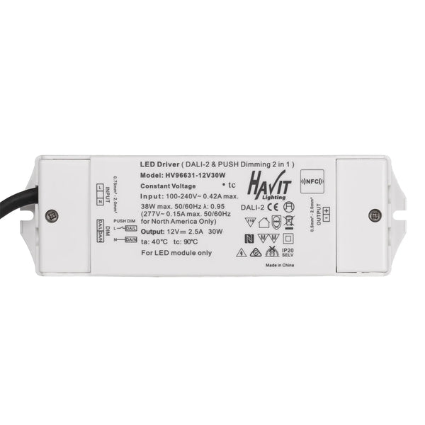Triac Dimmable Indoor LED Driver 12V DC 30W White Plastic / Dali - HV96631-12V30W