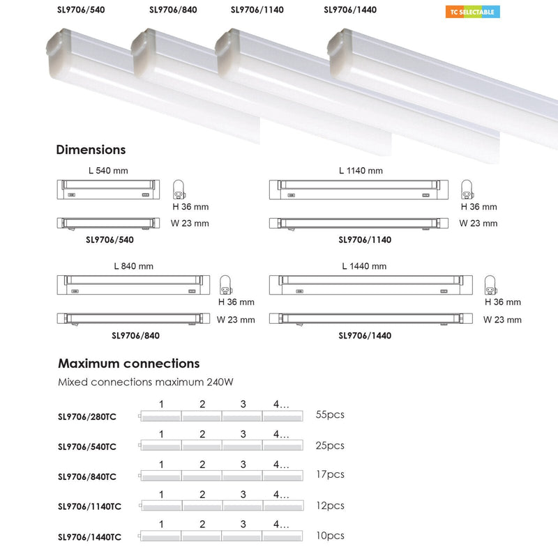 Slimline Seamless TC Linkable LED Batten 13W TRI Colour - SL9706/840TC